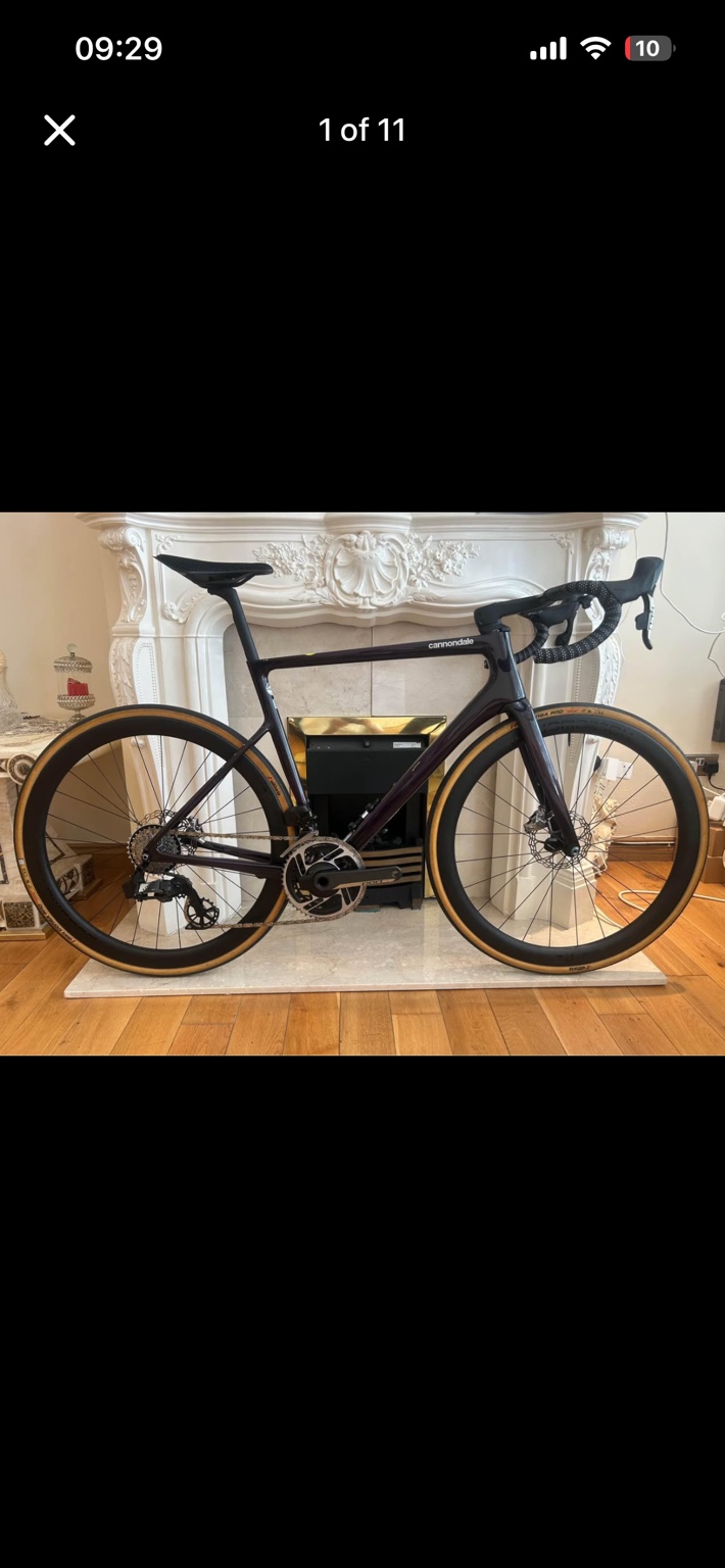 Dark Cannondale SuperSix EVO road bike, drive-side view