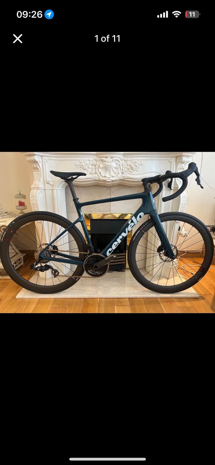 Nightshift Blue Cervélo Caledonia Force AXS road bike, drive-side view