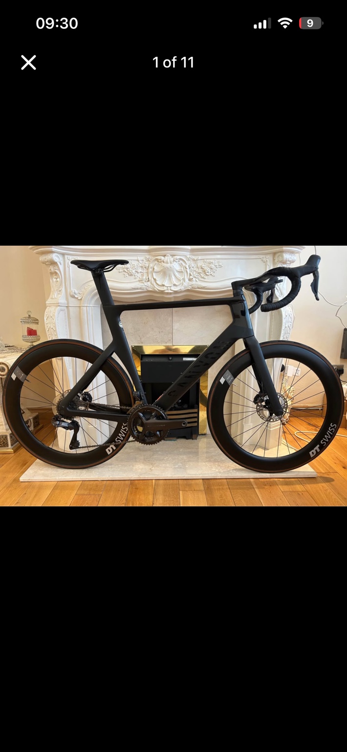 Black Cervélo S5 road bike with deep-section DT Swiss wheels, drive-side view