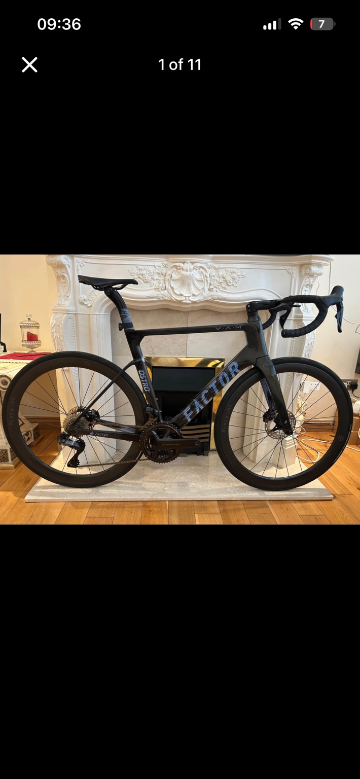 Black Factor Ostro VAM V1 road bike with Black Inc wheels, drive-side view