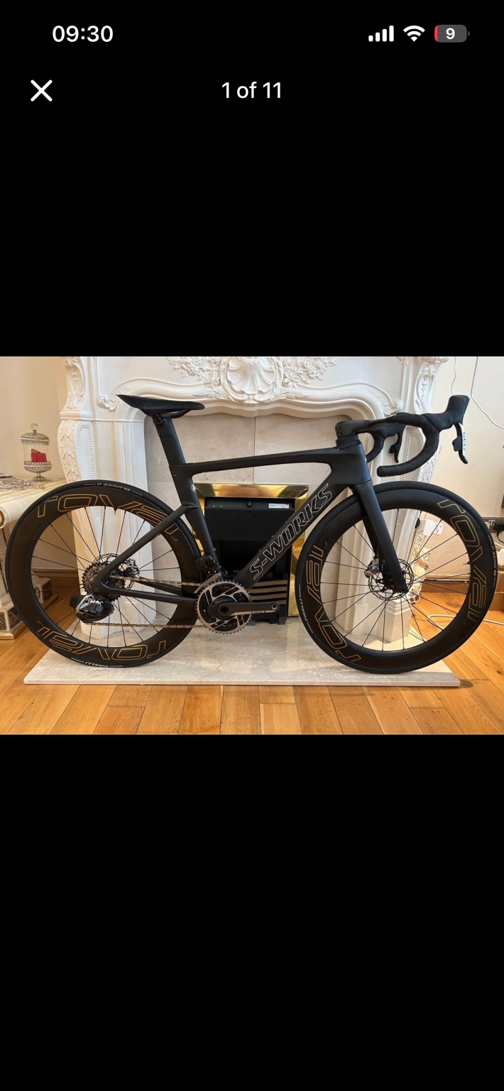 Black Specialized S-Works Venge road bike, drive-side view
